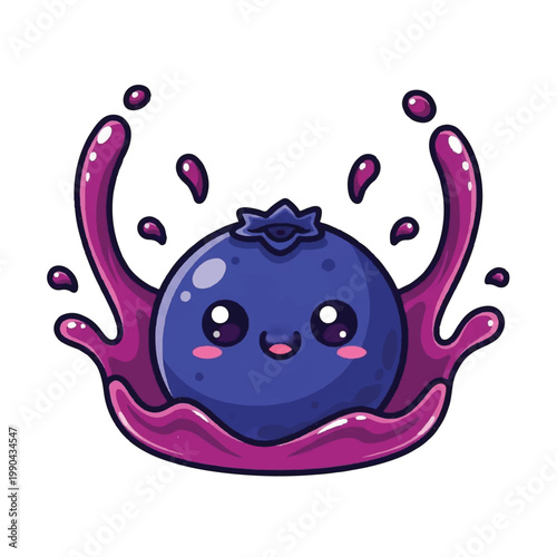 Cute Kawaii Blueberry Character Splashing in Juice.