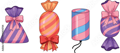 Wrapped candy assortment with colorful striped and ribbon tied sweets isolated on white background for dessert packaging kids design and confectionery concepts