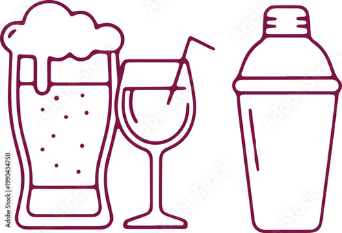 Beer glass wine glass cocktail shaker alcoholic drinks collection beverages for party celebration.