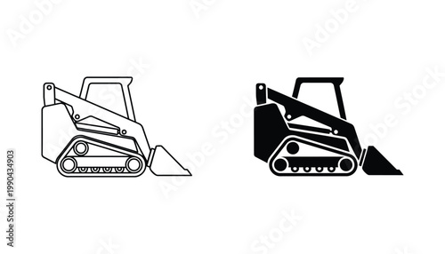 Skid steer loader construction equipment icon set showing heavy machinery in outline and solid styles for building and excavation industry