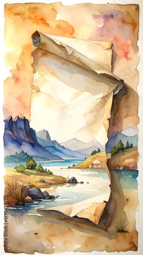 Vintage Watercolor Scroll Illustration Revealing A Serene Mountain Landscape With Lake And Sunset Background