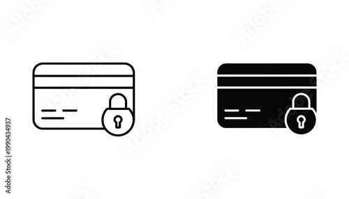 Credit card with padlock security icon set representing secure financial transactions and protected banking data in outline and solid styles