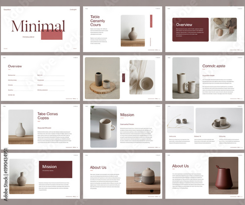 Collection of minimalistic presentation slides featuring ceramic pottery and simple aesthetic on white background.