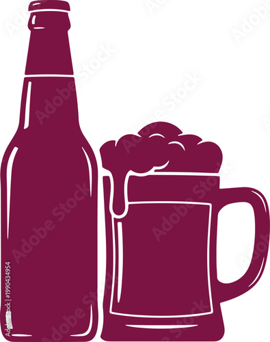 Beer bottle and overflowing mug, refreshment, drinks, brewery concept.