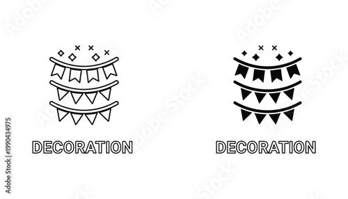 Party decoration bunting flags icon set featuring celebratory hanging banner elements in outline and solid styles for event planning