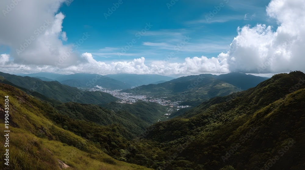 Obraz premium Breathtaking panoramic view of lush rolling mountains and valleys beneath a dramatic expanse of blue and white sky