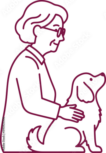 Elderly woman with glasses petting a happy dog, outline illustration of kindness and companionship, simple and clean line art.