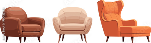Armchair set with modern and classic lounge chairs isolated on white background for interior furniture design home decor and comfortable seating concepts