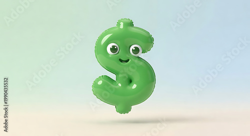 3D Cartoon Dollar Sign Glossy Green Finance Symbol Render