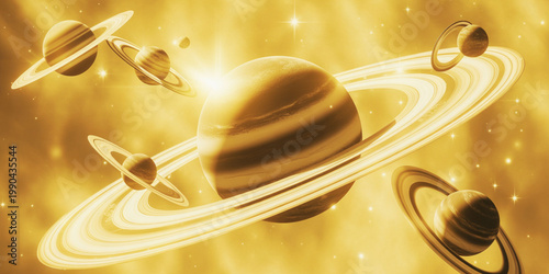 Golden celestial planetary system with glowing gas giants orbiting in deep space nebula background featuring majestic ring disks.