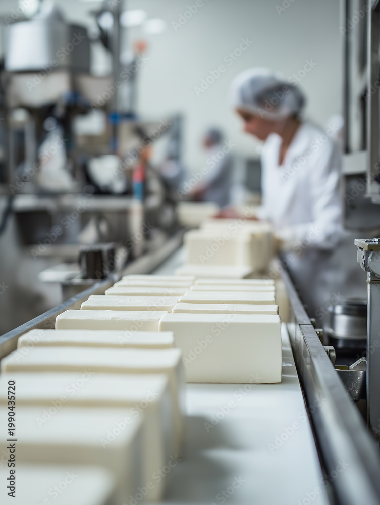 Fototapeta premium Fresh white tofu blocks travel along production conveyor belt as uniformed workers ensure strict quality control.