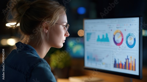 Woman analyzing data on computer screen