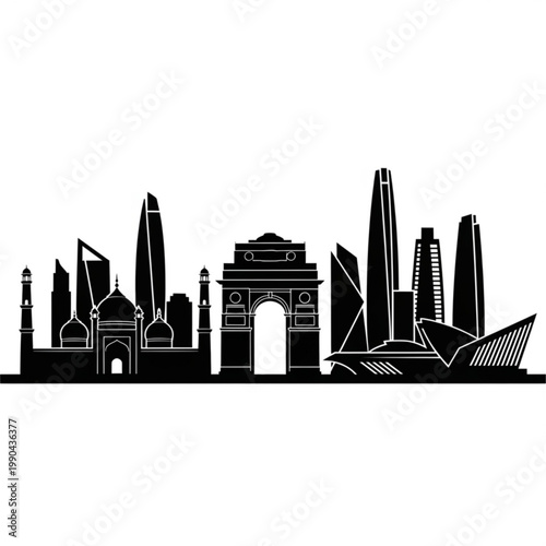 A black and white vector graphic illustration of the New Delhi skyline, featuring iconic landmarks like the Gateway of India and modern skyscrapers in a minimalist flat design style.