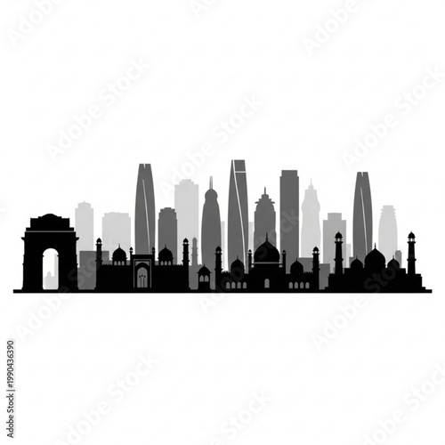A black and gray silhouette of the New Delhi city skyline, featuring iconic landmarks and modern skyscrapers.