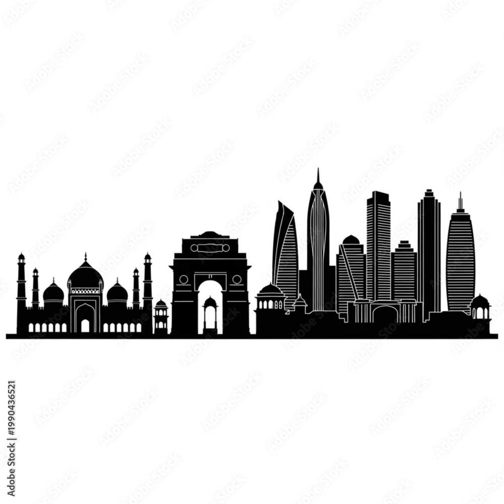 Fototapeta premium A black and white vector graphic illustration of the New Delhi skyline, featuring iconic landmarks and modern skyscrapers
