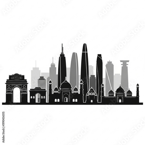 A black and white vector graphic illustration of the New Delhi city skyline, featuring iconic buildings and modern skyscrapers in a flat, minimalist design