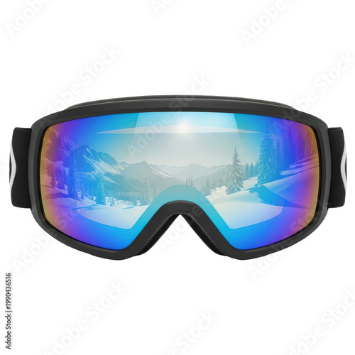 Ski goggles with mountain reflection.