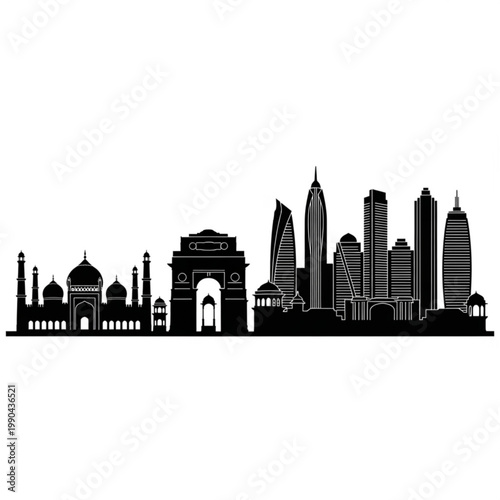 A black and white vector graphic illustration of the New Delhi skyline, featuring iconic landmarks and modern skyscrapers