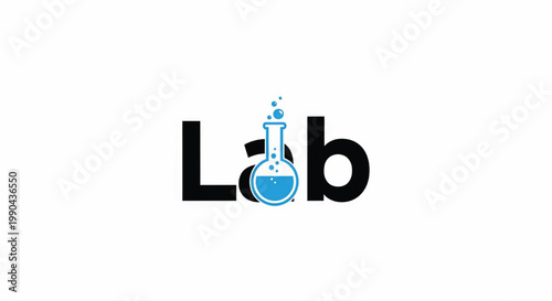 Lab flask icon with blue liquid bubbles and black letters LB for chemistry and science education branding