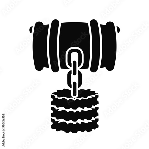Black gavel, chain, and tire vector icon, law, judgment, symbol
