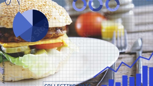 Vertical video: Animating overlays after COLLECTING DATA, charts analyzing sesame burger on plate