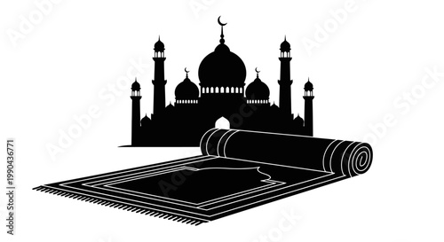 Eid ul Adha Islamic prayer mat, mosque silhouette, black vector icon, religious symbol, prayer rug isolated on White Background vector