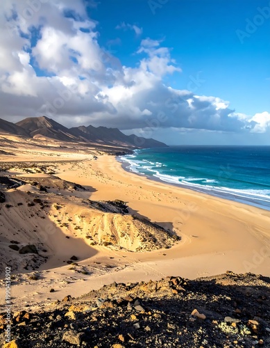 Wide Angle Landscape Of Cofete Beach In Fuerteventura With Golden Sand Turquoise Ocean Waves And Volcanic Mountains Under A Cloudy Blue