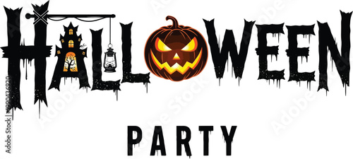 “Halloween Party Vector Illustration with Pumpkins, Ghosts, Bats and Spooky Night Background”
