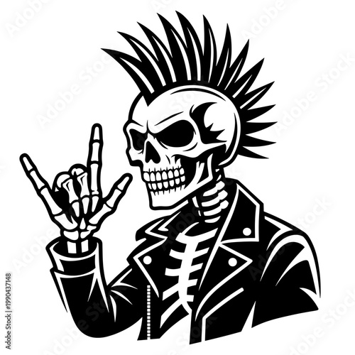 Punk Rock Skeleton Wearing Leather Jacket With Mohawk Hairstyle Making Rock On Hand Gesture, Edgy Heavy Metal Music Vector Illustration