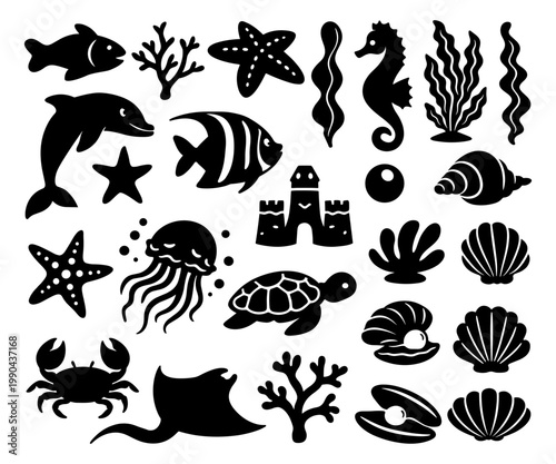 Ocean Animals Collection Featuring Dolphin, Sea Turtle, Crab, Jellyfish, Seahorse, Starfish, Shells And Coral Reef Life Silhouette Set