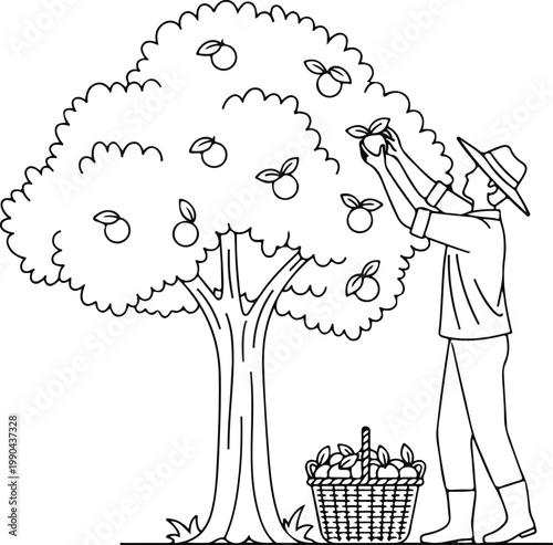 Traditional farmer carrying vegetable baskets on a yoke and market stall illustration