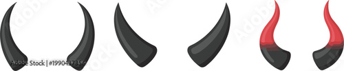 Devil horns set, black and red curved horn shapes, fantasy costume vector illustration design