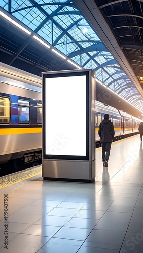 Vertical Blank White Billboard Mockup On A Modern Railway Station Platform With A Blurred Passenger And Train Under A Vaulted Glass Roof