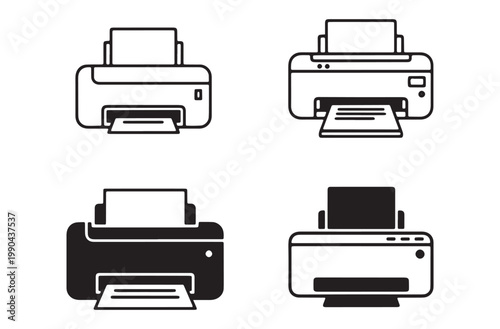 Assorted office printer and scanner icons in various line and solid silhouettes representing document printing technology and computer peripheral equipment for business workspace