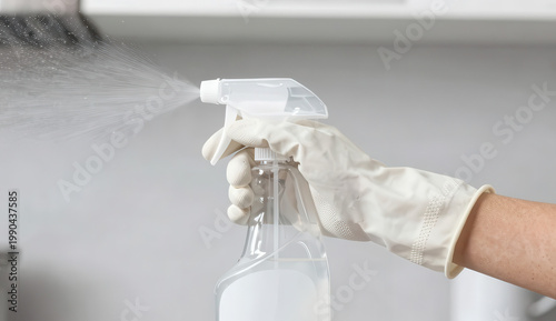 Gloved hand spraying cleaner