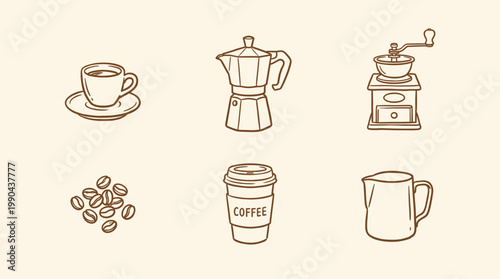 Coffee set icons with cup, moka pot, grinder, beans, takeaway cup and milk jug, minimalist coffee essentials vector illustration