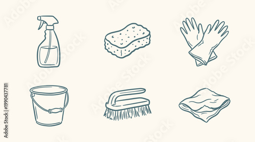 Cleaning supplies icons set with spray bottle, sponge, gloves, bucket, brush and cloth, minimalist household cleaning vector illustration