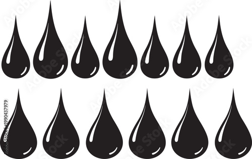 Seven black teardrop shapes with shiny effect isolated on white background