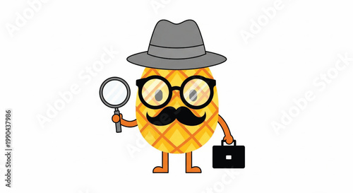 Cartoon detective corn character with magnifying glass and briefcase wearing a gray fedora hat featuring kernel, search, investigation with mystery