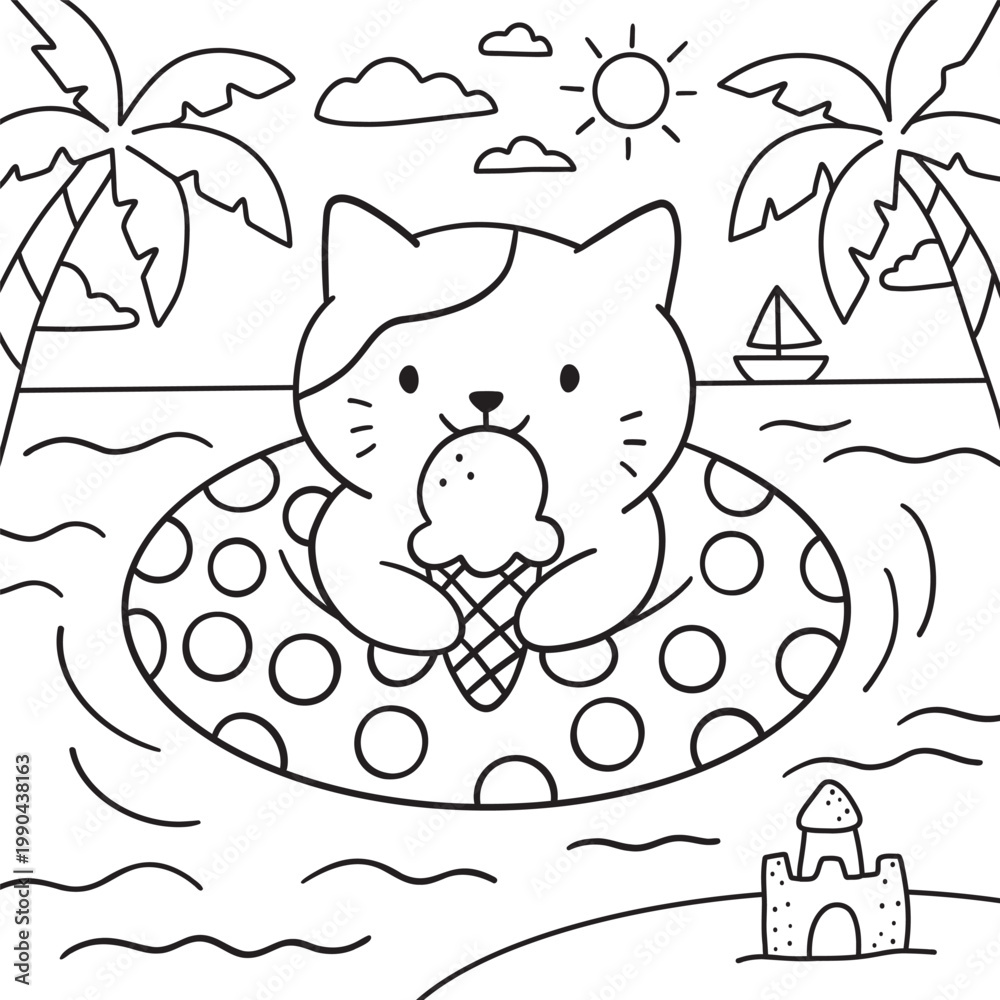 Fototapeta premium Cat floating in a polka dot inflatable ring while holding an ice cream cone on a summer beach with palm trees and a sandcastle.