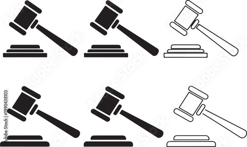 Three gavel icons in black and white on a pure white background for legal or auction concepts