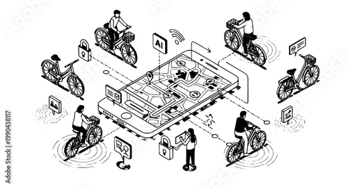 Isometric smart city bicycle sharing mobile app vector set with people riding bikes navigation map and digital security features