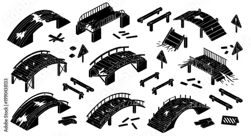 Isometric broken and damaged wooden bridge vector set with destroyed planks debris and warning signs for game level design