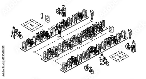 Isometric city bicycle parking station vector set with electric bikes charging points people and urban transport infrastructure for map design