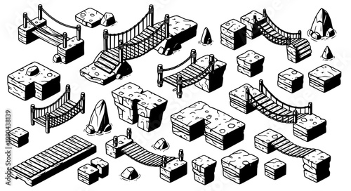 Isometric fantasy stone and rope bridge vector set with rocky platforms canyon crossings and mountain trail elements for game design