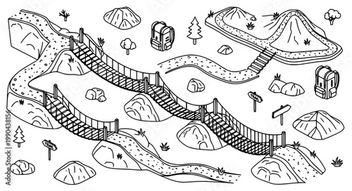 Isometric mountain hiking landscape vector set with rope suspension bridges rocky trails backpacks and wooden signs for adventure map design