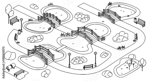 Isometric city park landscape vector set with wooden bridges over ponds benches street lamps and trees for map design