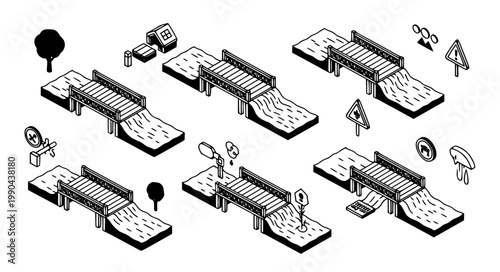Isometric Wooden Bridge Over River Icon Set with Various Road Signs Trees and Landscape Elements for Rural Infrastructure Design.