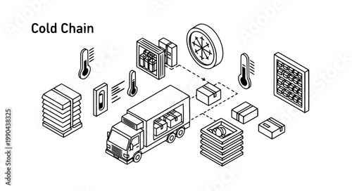 Isometric Cold Chain Logistics Vector Illustration Featuring Refrigerated Delivery Truck Temperature Control Sensors Thermometers and Frozen Cargo Storage