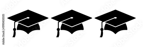 Graduation caps icons in a row on white background